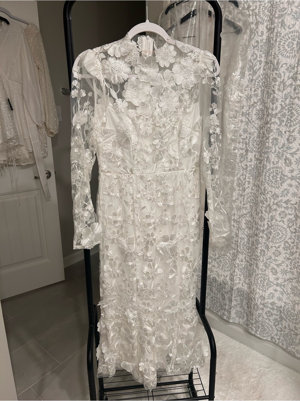 Elegant White Lace Floral Midi Dress with Sheer Long Sleeves